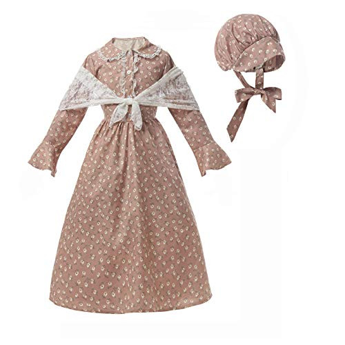 NSPSTT Colonial Costume Girls Prairie Pioneer Dress Laura Ingalls Wilder Costume C_L Pink