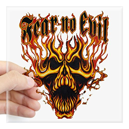Square Sticker Clear 3 x 3 Inch Fear No Evil Flaming Skull