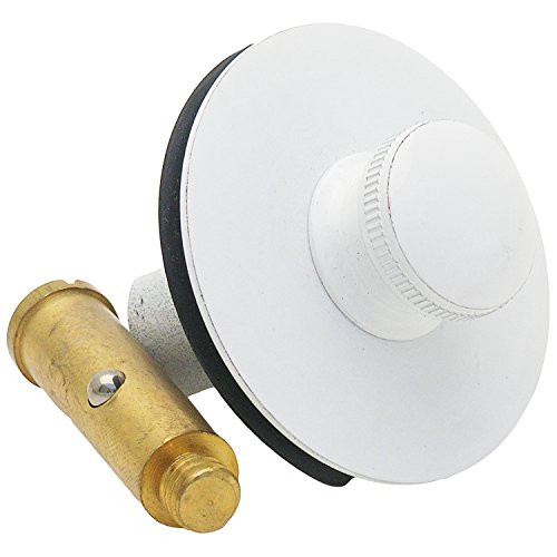 LASCO 32568 Brass Bathtub Drain Strainer with Push Pull Stopper and Fine Thread x Course Thread Bushing, 1-1/4" x 1-1/2", White