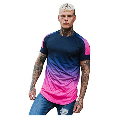 SPE969 Men's O_Neck Short Sleeve Shirt_ Summer Casual Fashion Patchwork Gradient T_Shirt Top Hot Pink