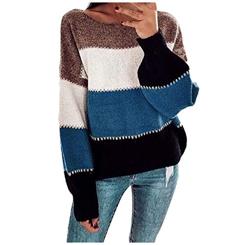 Hemlock Wome O Neck Sweaters Color Block Stripes Pullover Sweater Long Sleeve Sweater Coat Fall Winter Pullover Tops Blue
