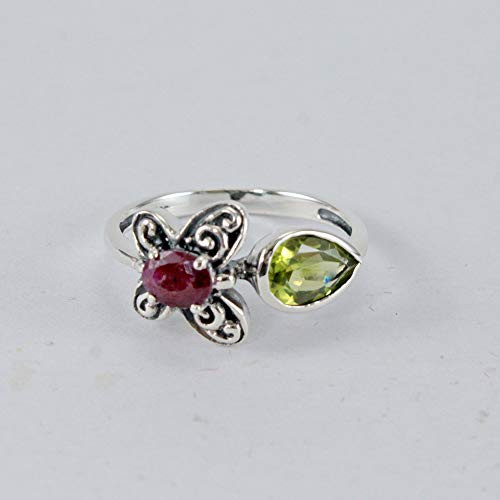 adjustable 925 sterling silver ring with natural green peridote and ruby_ ruby ring_ silver ring gems stone_ handmade silver ring with peridote and ruby_ Size 7