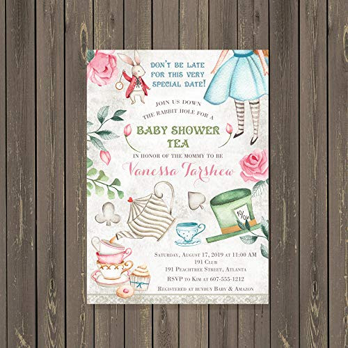 Alice in Wonderland Baby Shower Tea Party Invitations_ Base price is for a set of 10 5x7 invitations with white envelopes