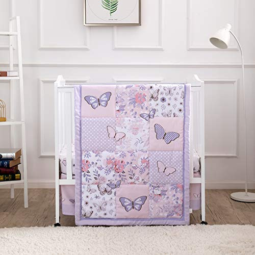 La Premura Purple Butterfly Baby Nursery Mini Portable Crib Bedding Set for Girls_ 3 Piece Crib Sets for Mini Crib_ Purple
