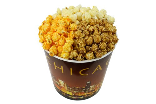 Signature Popcorn _ Gourmet Popcorn _ 1_gallon Gold Chicago Skyline Reusable Plastic Tin_ 3_flavors _ Butter_ Caramel and Cheddar Cheese