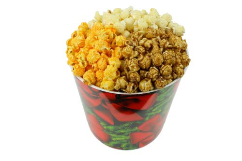 Signature Popcorn_ 1_Gallon Holidays Red Bow Reusable Plastic Tin _ Butter_ Caramel and Cheddar Cheese