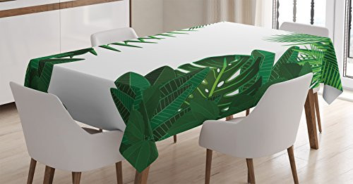 Leaves Decor Tablecloth by Ambesonne, Exotic Fantasy Hawaiian Tropical Palm Leaves with Stylish Floral Graphic Illustrated Art, Dining Room Kitchen Rectangular Table Cover, 52 X 70 Inches