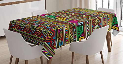 Tribal Tablecloth by Ambesonne, Ethnic Design with Colorful Geometrical Details Borders Vector African Themed Print, Dining Room Kitchen Rectangular Table Cover, 52 W X 70 L Inches, Multicolor