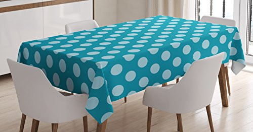 Teal Tablecloth by Ambesonne, Retro Style Pattern with Polka Dots Soft High Seas Colored Light Blue Spots Blots, Dining Room Kitchen Rectangular Table Cover, 52 W X 70 L Inches, Teal Light Blue