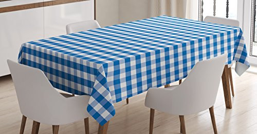Checkered Tablecloth by Ambesonne, Monochrome Gingham Checks Classical Country Culture Old Fashioned Grid Design, Dining Room Kitchen Rectangular Table Cover, 52 W X 70 L Inches, Blue White