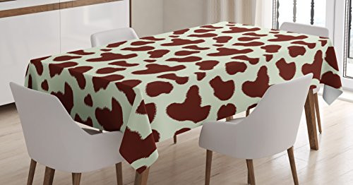 Cow Print Tablecloth by Ambesonne, Cattle Skin with Brown Spots Agriculture Cow and Oxen Hide Camouflage Pattern, Dining Room Kitchen Rectangular Table Cover, 52 W X 70 L Inches, White Brown