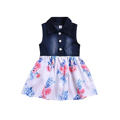 Toddler Kids Baby Girls Denim Patchwork Floral Princess Dresses Skirt Clothes