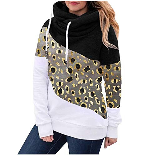 Women Hoodies  2020 Long Sleeve Leopard Color Block Casual Hoodies Loose Patchwork Pullover Sweatshirt Knit Tops Black