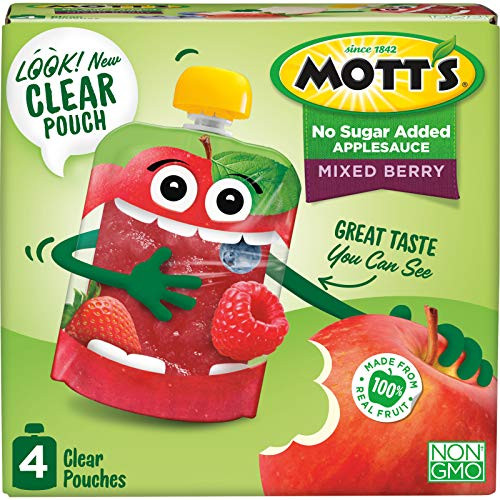 Mott s No Sugar Added Mixed Berry Applesauce  3.2 Ounce Clear Pouch  4 Count  Perfect for on-the-go  No Added Sugars or Sweeteners  Gluten Free and Vegan