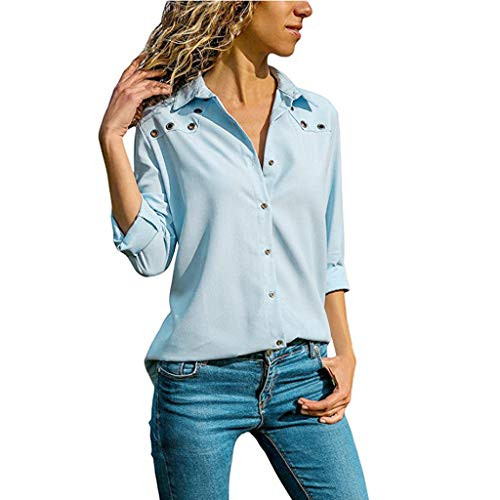 COOKI Women Shirts  Casual Pure Color Long Sleeve V-Neck Button Plus Size Tops Loose Blouse Ladies Girls Tunic Shirt T-Shirt Light Blue