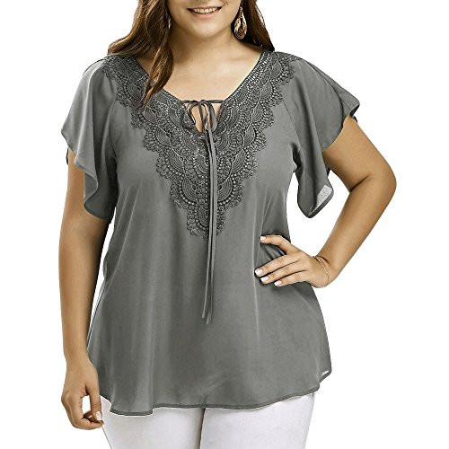 Handyulong Womens Plus Size Tops Summer Short Sleeve V-Neck Criss Cross Lace Patchwork Casual Tunic T-Shirts Blouse Tops Grey