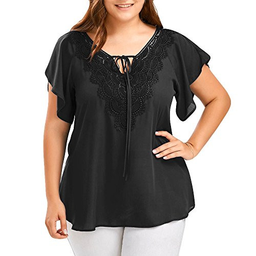 Handyulong Womens Plus Size Tops Summer Short Sleeve V-Neck Criss Cross Lace Patchwork Casual Tunic T-Shirts Blouse Tops Black