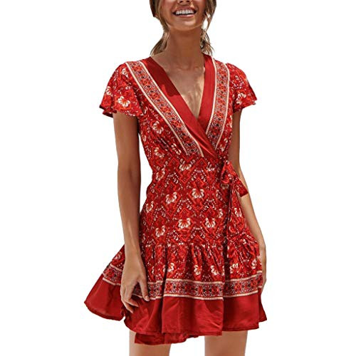 Forthery-Women Boho Floral Party Evening Summer Beach V Neck Short Mini Dress Sundress-Red Large- Forthery-Women Boho Floral Party Evening Summer Beach V Neck Short Mini Dress Sundress-Red Large-