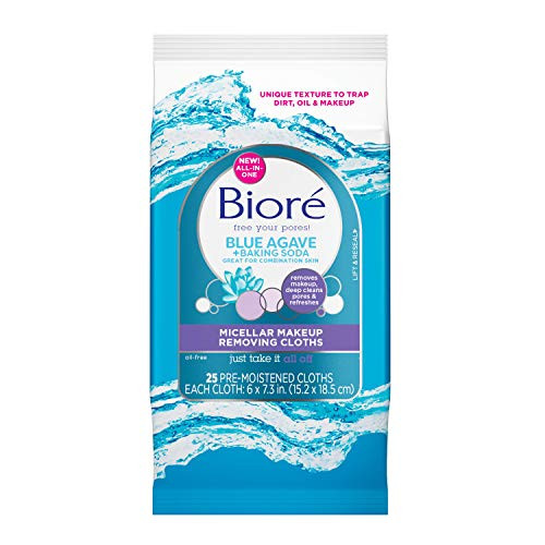 Biore Blue Agave Makeup Removing Cloths  with Micellar Cleansing Water and Natural Baking Soda  No-rinse Makeup Removal  for Combination Skin  25 Count