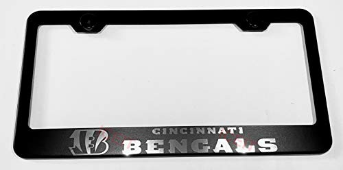 Ice It Laser Engrave NFL Cincinnati Bengals Black Finish Stainless Steel License Plate Frame Covers Holder with Screws Caps Rust Free Black