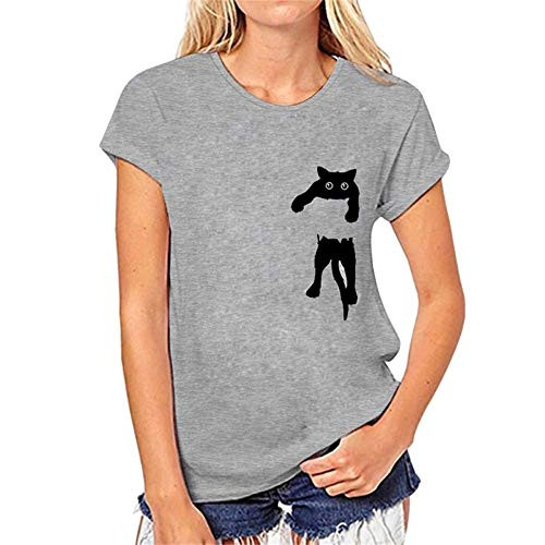 Aniywn Women s Short Sleeve T-Shirt Summer Cute Cat Printed Crew Neck Simple Tee Tops Blouse Gray