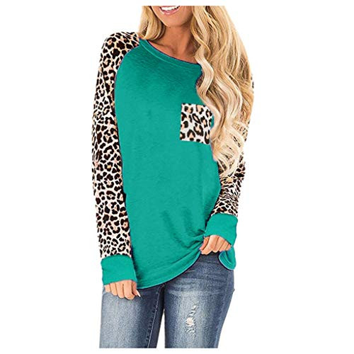 Blouses for Women Casual Chanyuhui Stylish Leopard Print Patchwork Pocket Tops Round Neck Long Sleeve T Shirt Shirts Tee