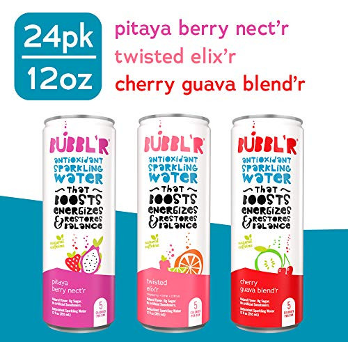 BUBBL R Antioxidant Sparkling Water Variety Pack - 24 Pack -Twisted Elix r  Pitaya Berry  Cherry Guava-