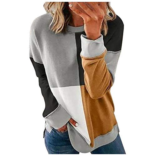 COOKI Womens Crewneck Patchwork Pullover Sweatshirt Long Sleeve Casual Loose Soft Tunic Shirts Tops Blouse Black