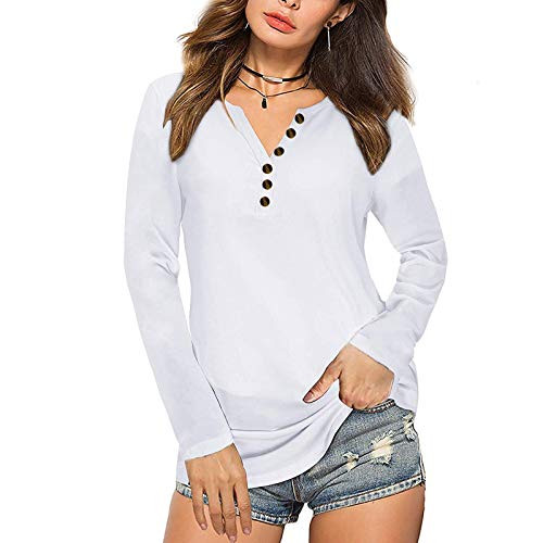 TBKOMH Women Casual T-Shirt Short Sleeve Tunic Tops Blouse Raglan Patchwork V Neck Button Blouse Tops-White  S-