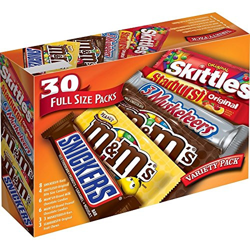 M and M S SNICKERS 3 MUSKETEERS SKITTLES and STARBURST Full Size Chocolate Candy Variety Mix 56.11-Ounce 30-Count Box M and M S SNICKERS 3 MUSKETEERS SKITTLES and STARBURST Full Size Chocolate Candy Variety Mix 56.11-Ounce 30-Count Box