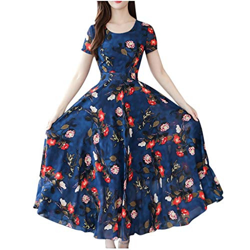 Women Fashion Summer Dress Grace Mid-Calf Short Sleeve Beach Printing Dress Blue