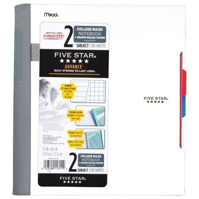 Five Star Advance Spiral Notebook 2 Subject College Quad Ruled - White White