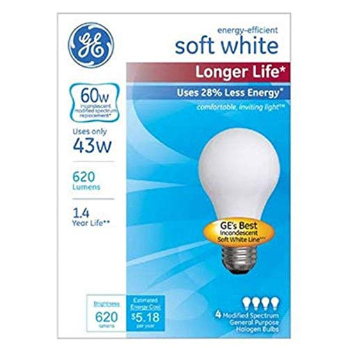 GE Lighting 70286 Soft White Long Life 43-watt -60-watt Replacement-  620-Lumen A19 Light Bulb with Medium Base  4-Pack