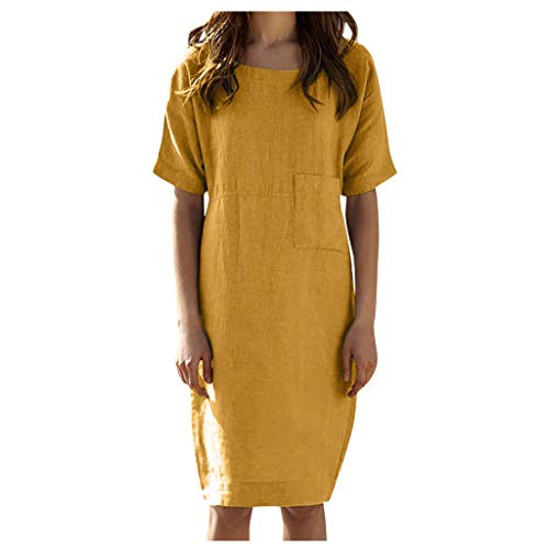 OKA Womens Summer Short Sleeve Casual Midi Dresses with Pockets Plus Size Loose Cotton Linen Dress Yellow