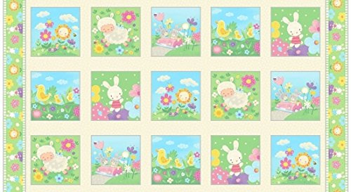 24 inch Fabric Panel - Blank Quilting Spring Fling Bunny Chick Sheep Blocks Cream