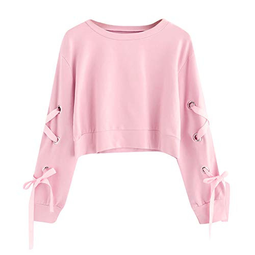 Women s Casual Lace Up Long Sleeve Pullover Crop Top Solid Sweatshirt Pink