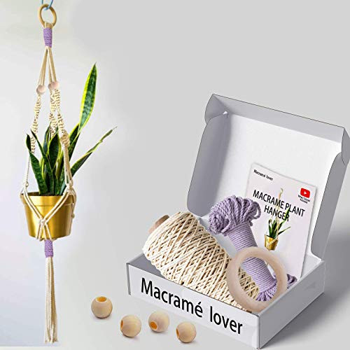 Video Tutorial Included-Macrame Plant Hanger Starter Kit -Macrame Cord with Wooden Hoops Rings  Beads  and  Video Tutorial  Macrame Kits for Adults Beginners -Purple-