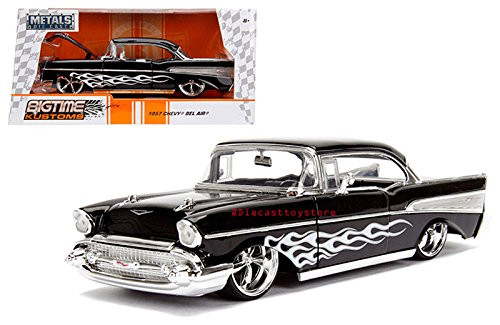 Jada 1: 24 W/B - Metals - Bigtime Kustoms - 1957 Chevrolet Bel Air (Black with White Flame Design) Diecast Vehicles