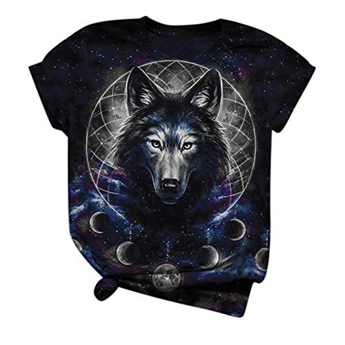 KEYEE Women T Shirts Wolf Print Cute Graphic Tees Summer Funny Casual Short Sleeve Tops T-Shirt Tunics Black