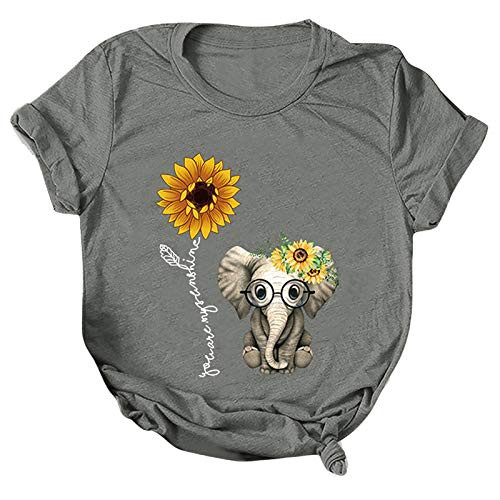 NarZhou Women T Shirts Sunflower Elephant Print Graphic Tees Summer Funny Casual Short Sleeve Tops T-Shirt Tunics Grey