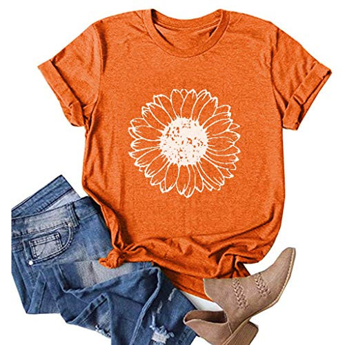 NarZhou Women T Shirts Sunflower Printed Graphic Tees Summer Funny Casual Short Sleeve Tops T-Shirt Tunics Orange