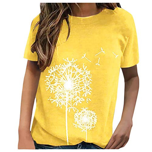KEYEE Women T Shirts Dandelion Print Graphic Tees Summer Funny Casual Short Sleeve Tops T-Shirt Tunics Yellow