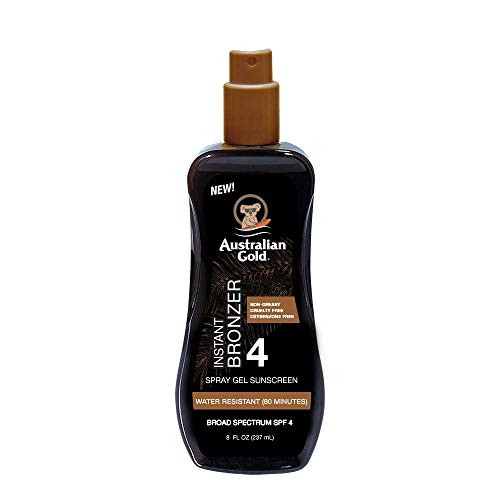 Australian Gold Spray Gel Sunscreen with Instant Bronzer SPF 4  8 Ounce - Moisturize  and  Hydrate Skin - Broad Spectrum - Water Resistant - Non-Greasy - Oxybenzone Free - Cruelty Free