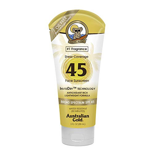 Australian Gold Sheer Coverage Sunscreen Lotion SPF 45  3 Ounce - Lightweight  and  Invisible Dry - Broad Spectrum - Water Resistant