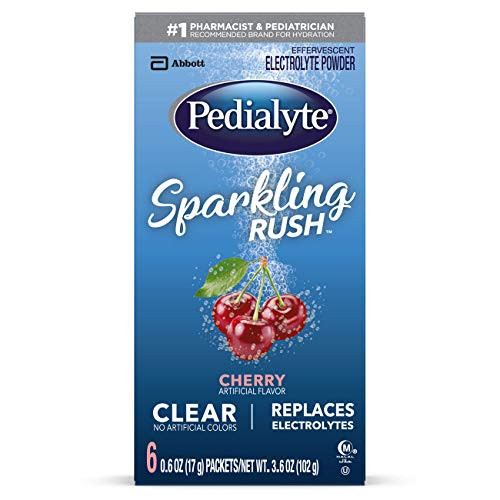 Pedialyte Sparkling Rush Electrolyte Powder  Cherry  Sparkling Electrolyte Hydration Drink  0.6 oz Powder Pack  6 Count