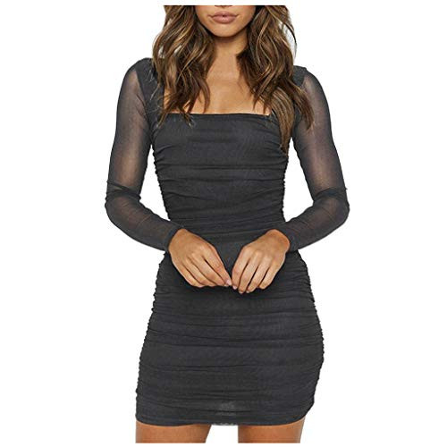 EINCcm Women Ruched Mini Dress Sheer Sleeve Square Neck Short Dress Club Bodycon Dress Summer Autumn Dress-Black M- EINCcm Women Ruched Mini Dress Sheer Sleeve Square Neck Short Dress Club Bodycon Dress Summer Autumn Dress-Black M-