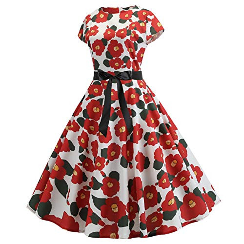 SNOWSONG Womens Elegant Dress A Line Cap Sleeve Casual Swing Dress Floral Print Party Cocktail Dress with Belt Red