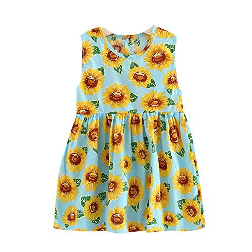 Little Girls Sleeveless Dress Cotton Casual Print Floral Sundress Kids Dresses -Blue-Sunflower- 5-6- Little Girls Sleeveless Dress Cotton Casual Print Floral Sundress Kids Dresses -Blue-Sunflower- 5-6-