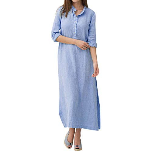 Clopon Women s Cotton Linen Shirt Dress  Casual Solid Color Long Dress Plain Long Sleeve Maxi Dresses Blue