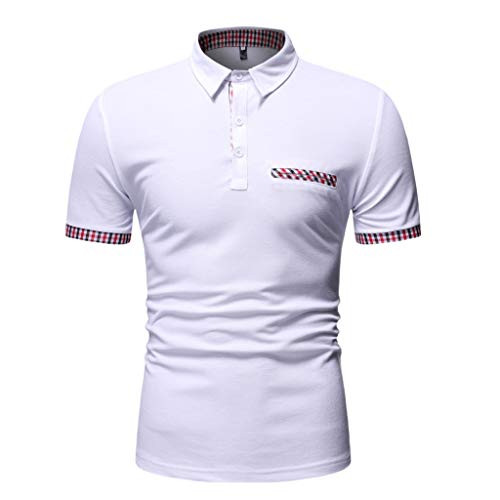Polo Shirt for Men  F_Gotal Men s T-Shirts Fashion Summer Short Sleeve Patchwork Button Slim Fit Casual Tee Blouse Tops White